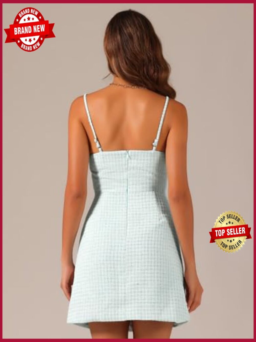 Plaid Tweed Mini Dress with Sweetheart Neck and Spaghetti Straps - Picture 3 of 5